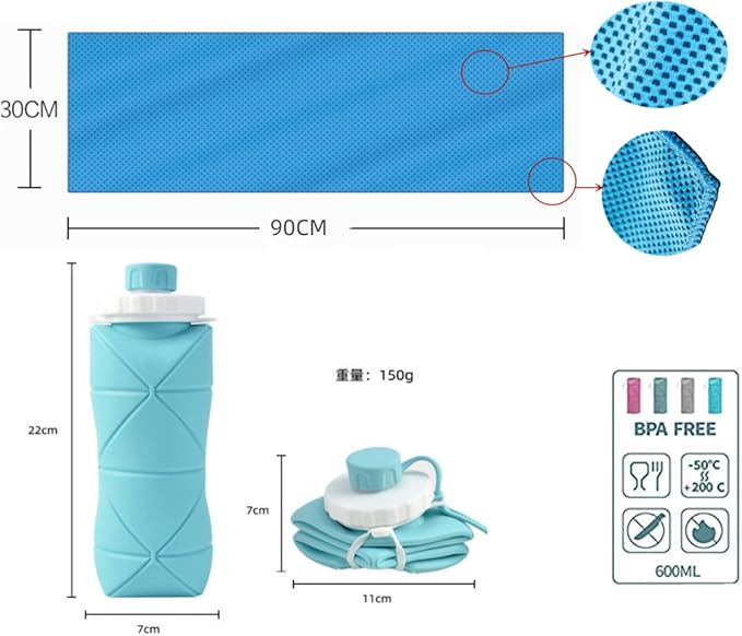 Gift for Father Day and Graduation, New Portable Silicone Collapsible Water bottle with Cooling Towel for Traveling and Outdoor Sports,600ml BPA Free Water Bottle,Summer Essentials (Blue)