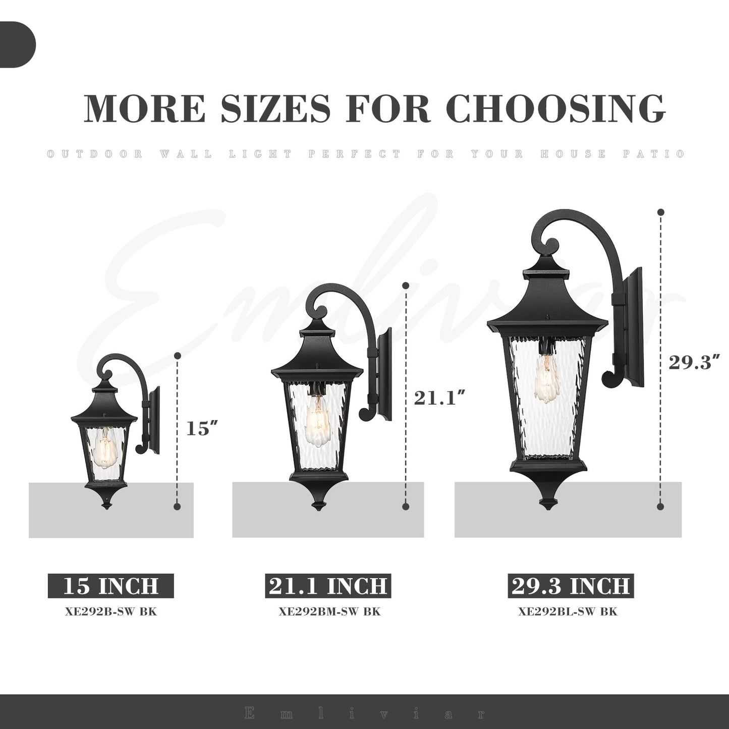 Emliviar 29.3 Waterproof Wall Sconce Light Fixture, Black Finish, Water Ripple Glass Shade, Large Size, Model Xe292Bl-Sw Bk