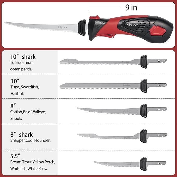 Cordless Electric Fillet Knife, with 5 Ti-Nitride S.S. Coated Non-Stick Reciprocating Blades & Cooling Hole Non-Slip Grip Handle & Practical handbag, Rechargeable Electric Knife for Fishing