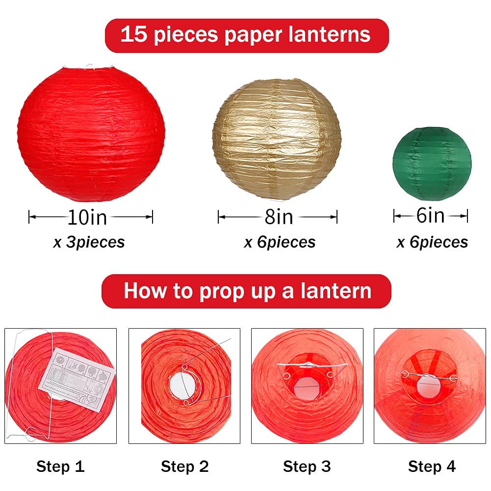 zilue Paper Lanterns 15pcs Decorative Party Supplies, Green/Red, Model PL1003, for Christmas Graduation Birthday Anniversaries