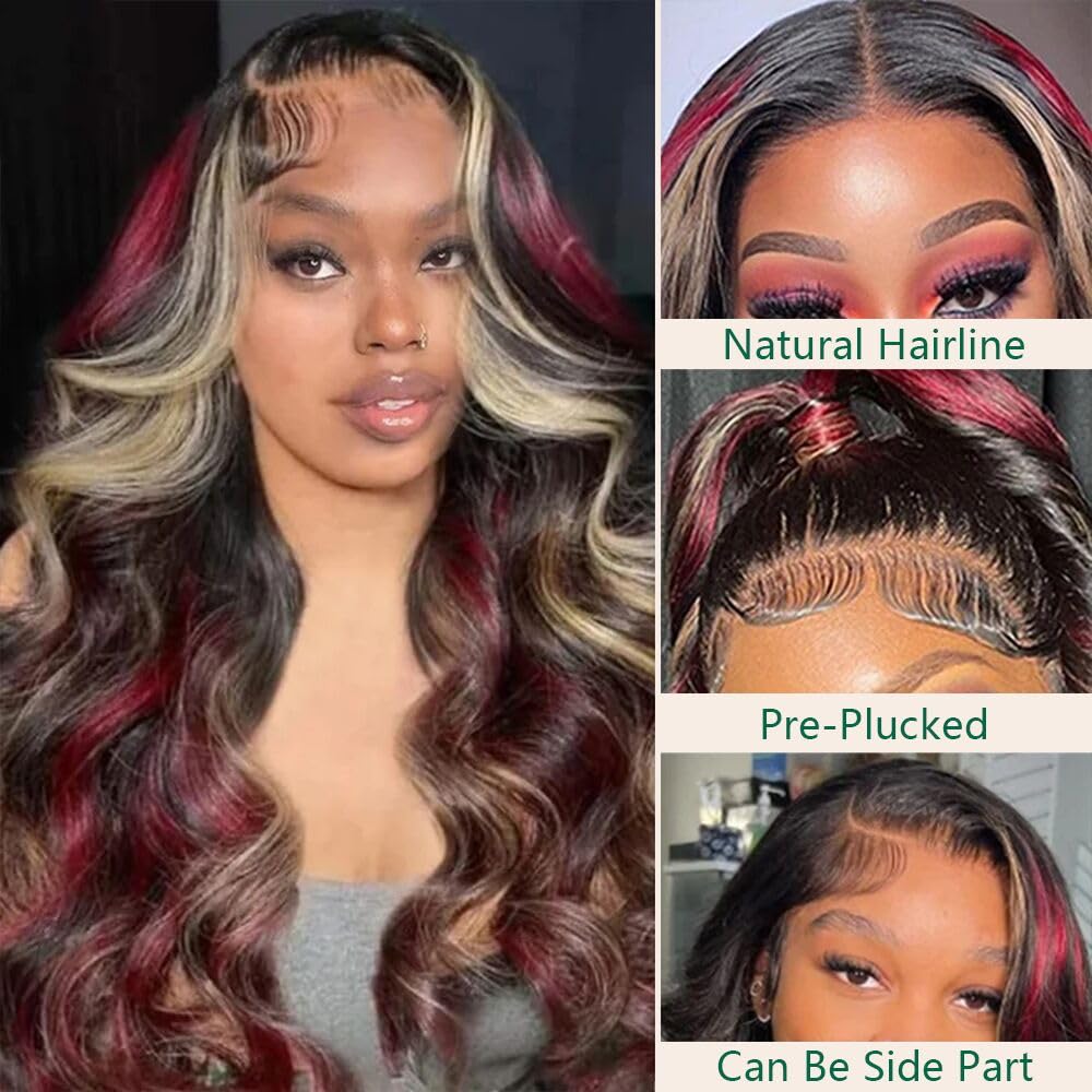 Aolvoblees Red Blonde Black Skunk Stripe Human Hair Wig Highlight Burgundy Ombre 250% Density 13X4 Body Wave HD Lace Front Front