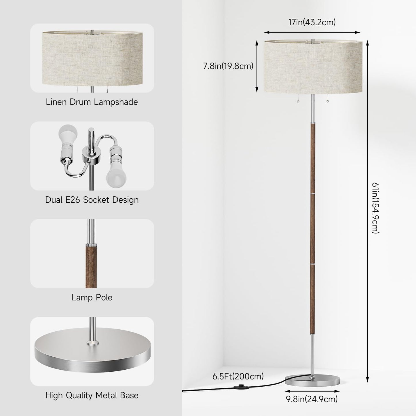 Karjoefar 2-Light Floor Lamp, Nickel Silver & Beige, Mid Century Design, 3 Color Temperatures, Model DFP03