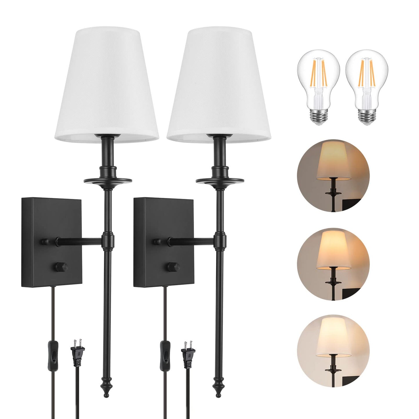 ENCOMLI Dimmable Wall Sconces Set of Two, White Fabric Shade, Plug-in, Black