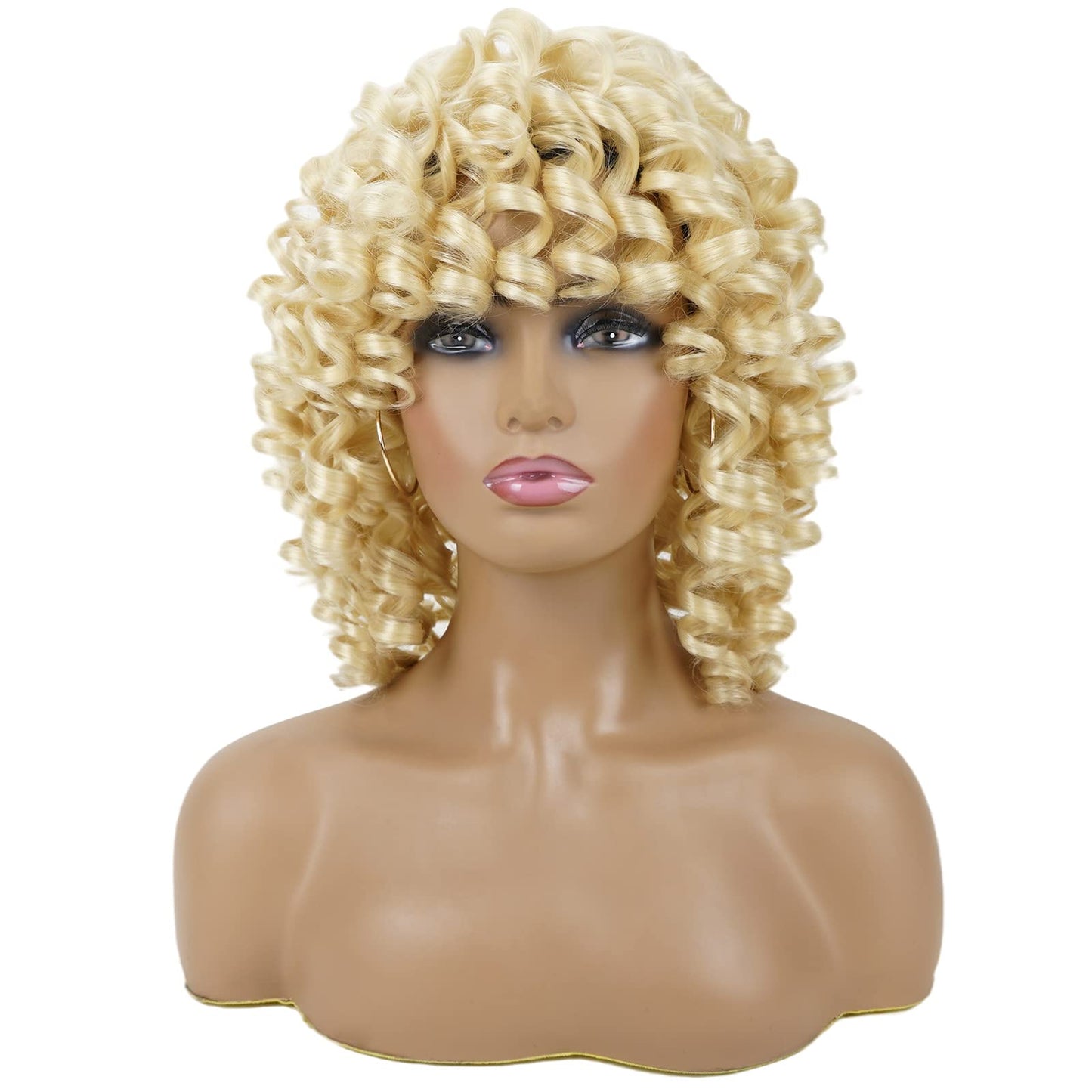 andromeda Blonde Curly Wigs for Black Women Soft Short Loose Curly Wig wiht Bangs Synthetic Kinky Hair Curly African American Co
