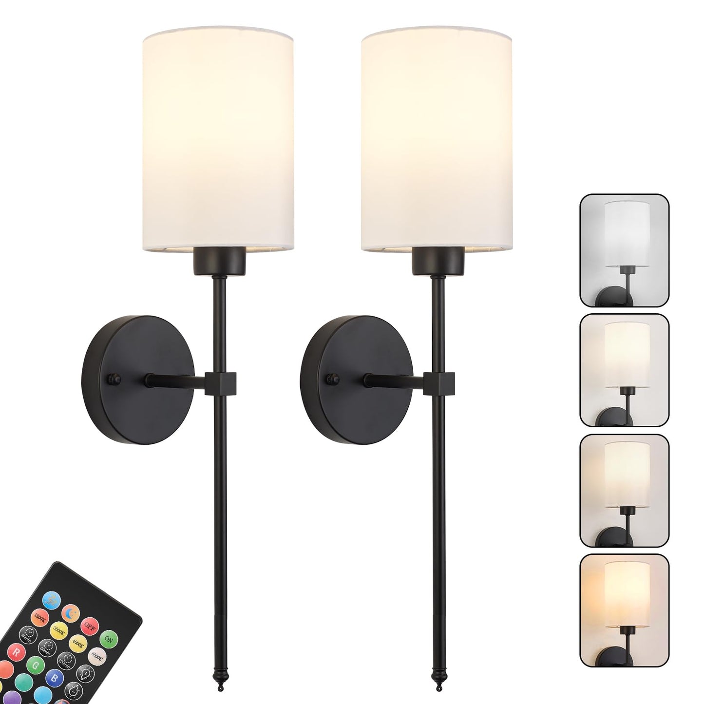 KARTOOSH Battery Operated Wall Sconce Set of Two, Dimmable, 1800K-6000K, 26.8 Inch, Black, Wireless with Remote Control, Model