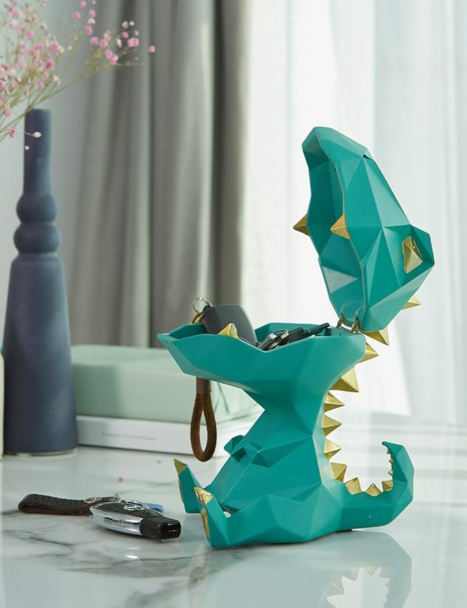 HAUCOZE Dinosaur Statue Candy Dish Key Bowl Dino Gifts Sculpture Modern Home Decor Accessories Pop Arts Polyresin Cookie Jar Green 7.5 inch