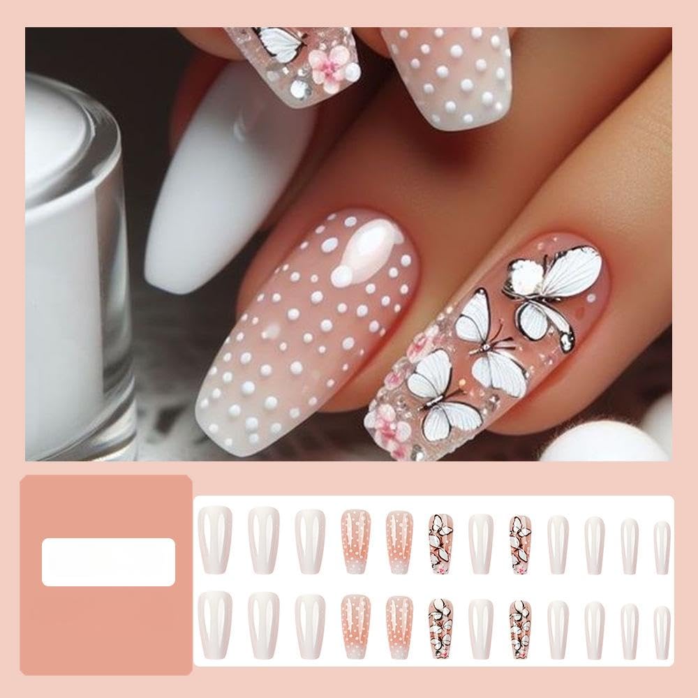 MRSCOL Long Press on Nails,Coffin Press on Nails with White Butterfly Design,Long Reusable 24pcs Nail Kit with Glue