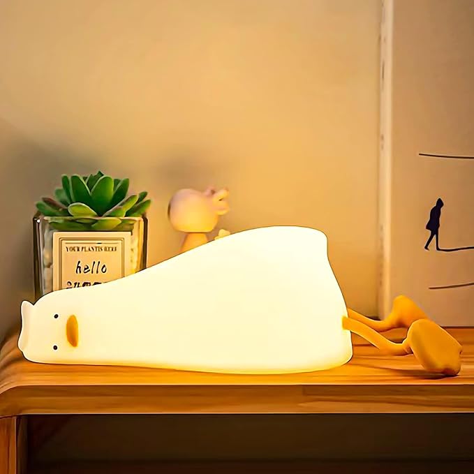 LED Lying Flat Duck Night Light, 3 Level Dimmable Nursery Nightlight, Cute Lamps Silicone Squishy Light Up Duck, Rechargeable Bedside Touch Lamp for Nursery College Dorm Decor Trendy Stuff
