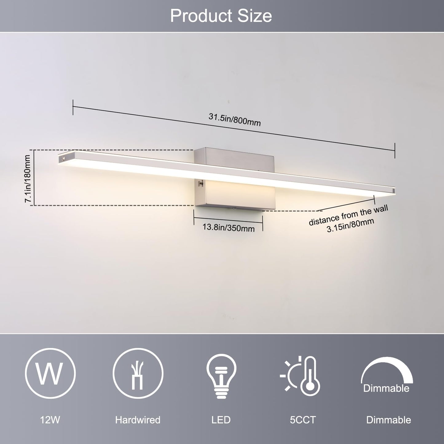BRIVOLART LED Vanity Light - 24W, 5CCT Dimmable, 31.5 Inch, Brushed Nickel, Model 6420