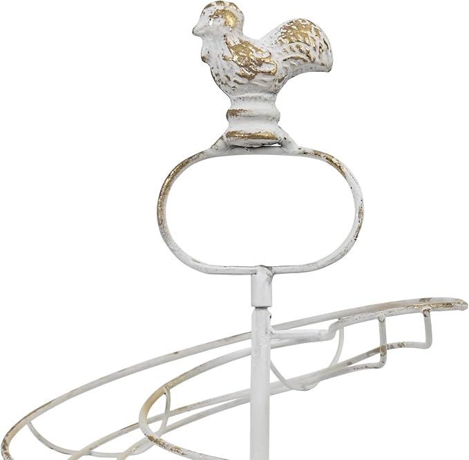 Vintage White Metal Spiral Egg Holder - Farmhouse Distressed Decor Egg Skelter Rack with Rooster Top, Storage Display Rack for Kitchen Countertop Decor (White with Gold)