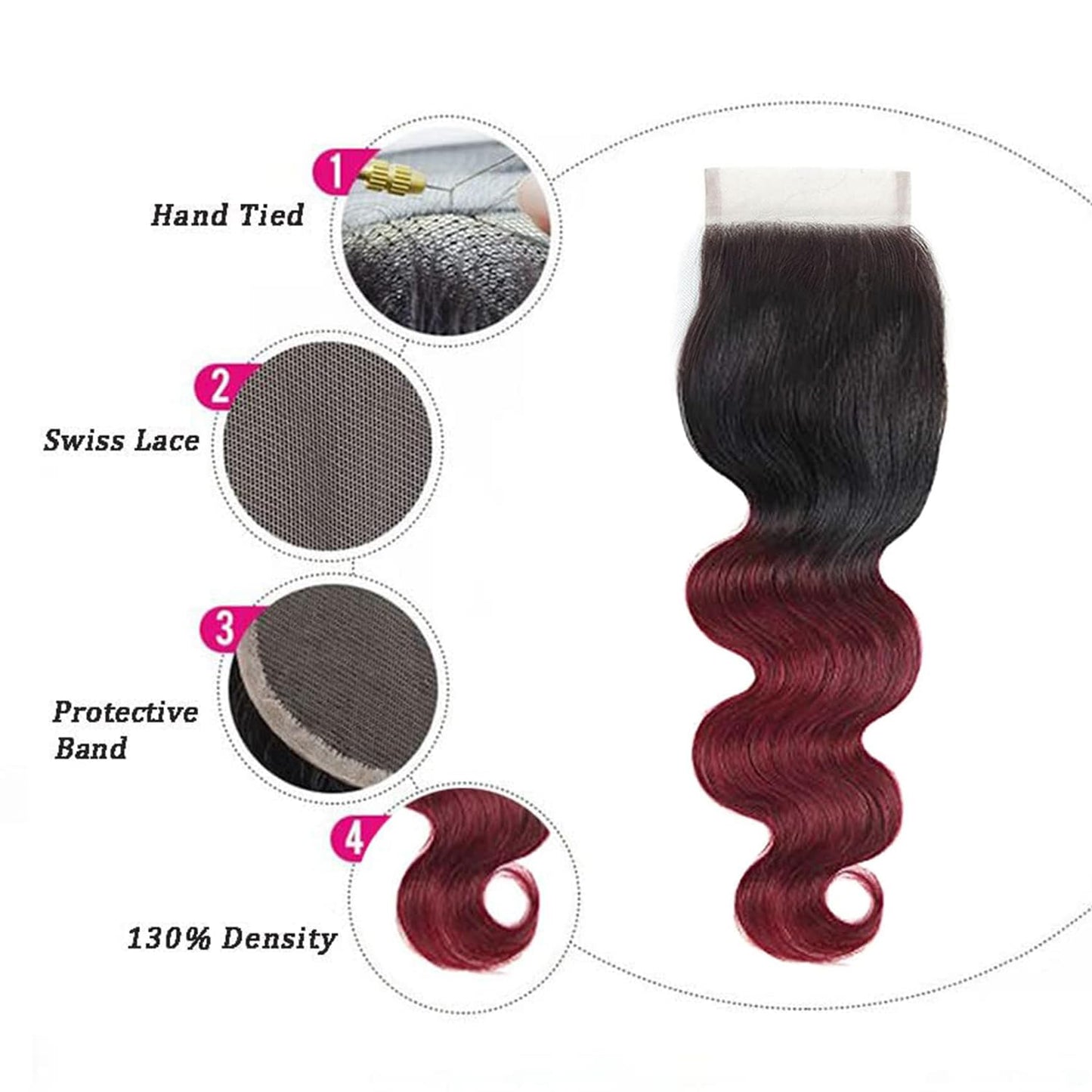 1b/99j Closure 4x4 Transparent Lace 1b/99j Ombre Hair Burgundy Closure With Baby Hair Brazilian Virgin Real Human Hair High Dens