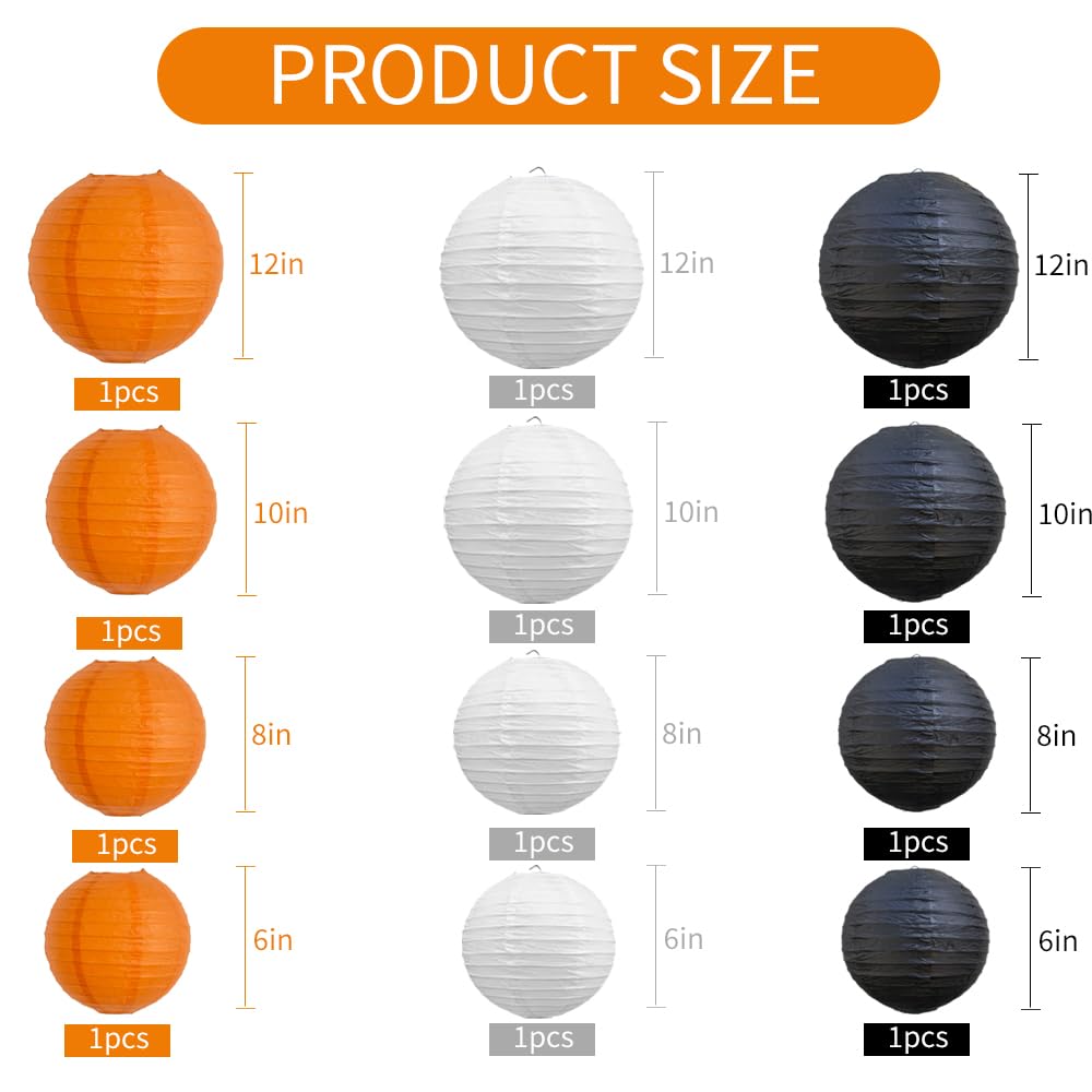 Beishida 12Pcs Orange Black White Paper Lanterns Decorative Chinese/Japanese Hanging Round Paper Lanterns Lamp For Halloween Birthday  Wedding  Christmas  Bridal Home Decor  Party Decoration