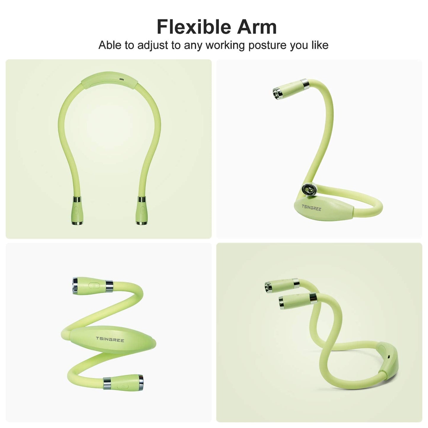 TSINGREE LED Neck Book Light, USB Rechargeable, 4 Super Bright LEDs, 3 Brightness Levels, Green, Model QRNBL