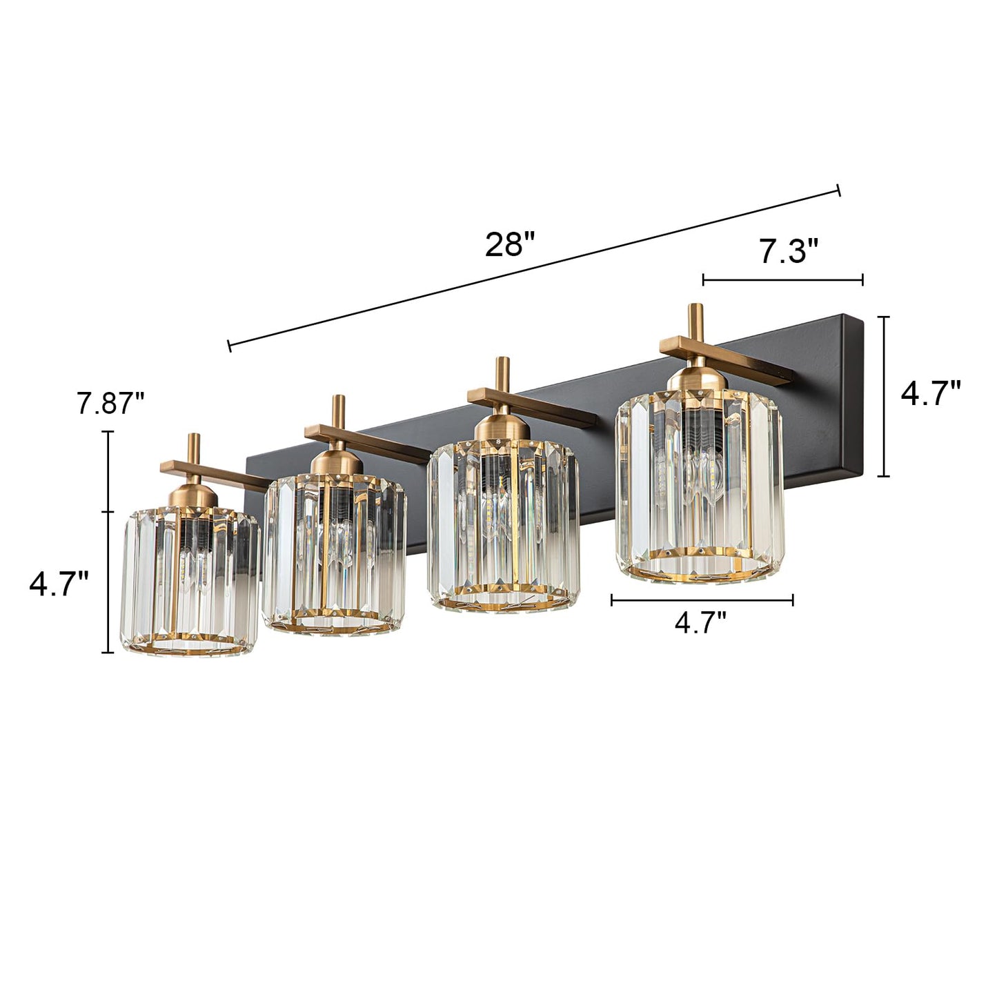 Huoku 4-Light Bathroom Vanity Light, Black Gold Crystal Wall Fixture, Modern Design, Polished Gold Finish