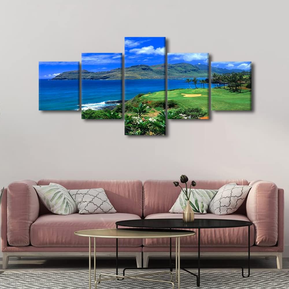 Lagoons Golf Course Wall Art Hawaii Ocean Golf Course Wall Decor Posters Framed Paintings Canvas 5 Panels Wall Art for Living Room Bedroom Office Wall Decorations Framed Ready to Hang - 50" W x 24" H