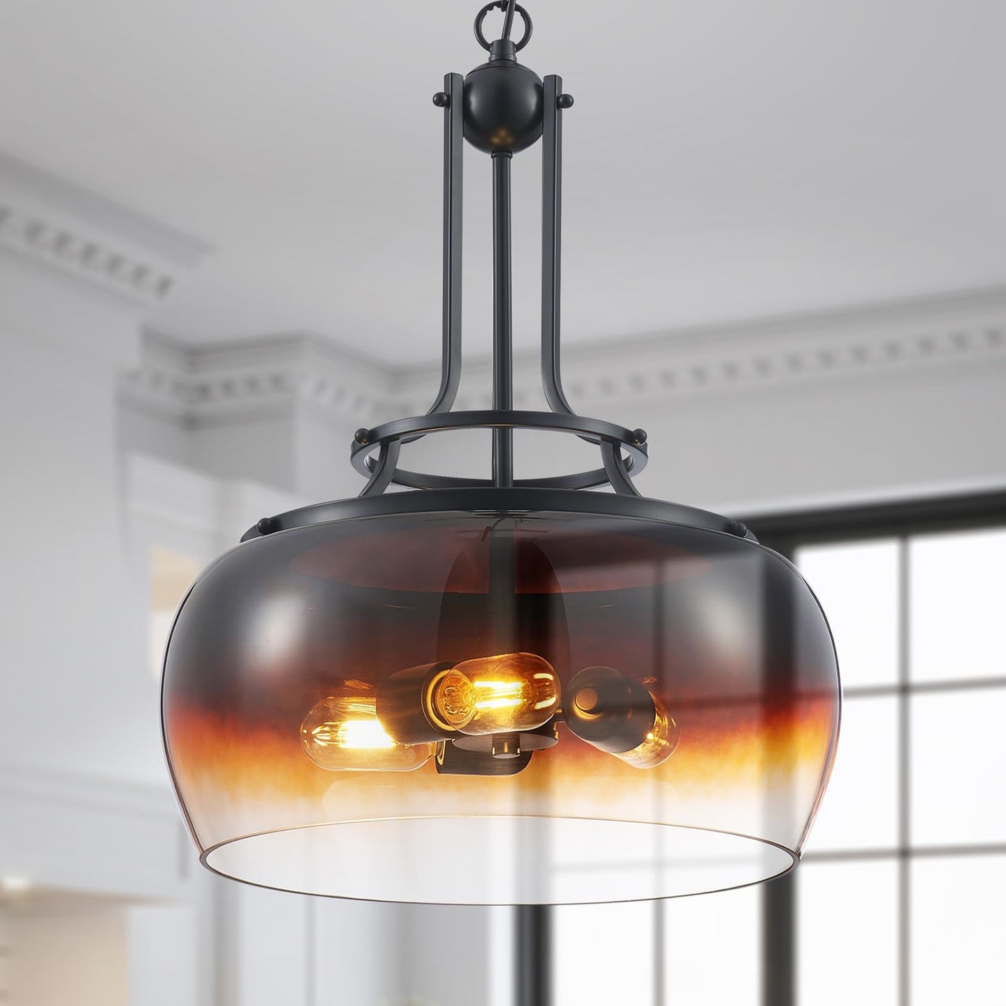 WUZUPS Chandelier Pendant Light Fixture, 3-Light, Amber Gradient Black Glass Shade, H 20.9in W 15.9in, Model USHD30308CO