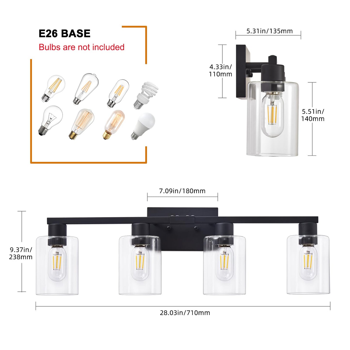 Sopeas 4 Light Bathroom Vanity Light Fixtures  Black Farmhouse Bathroom Vanity Light With Clear Glass Shade  Bathroom Lighting Fixtures Over Mirror  Vanity Lights For Bathroom Mirror