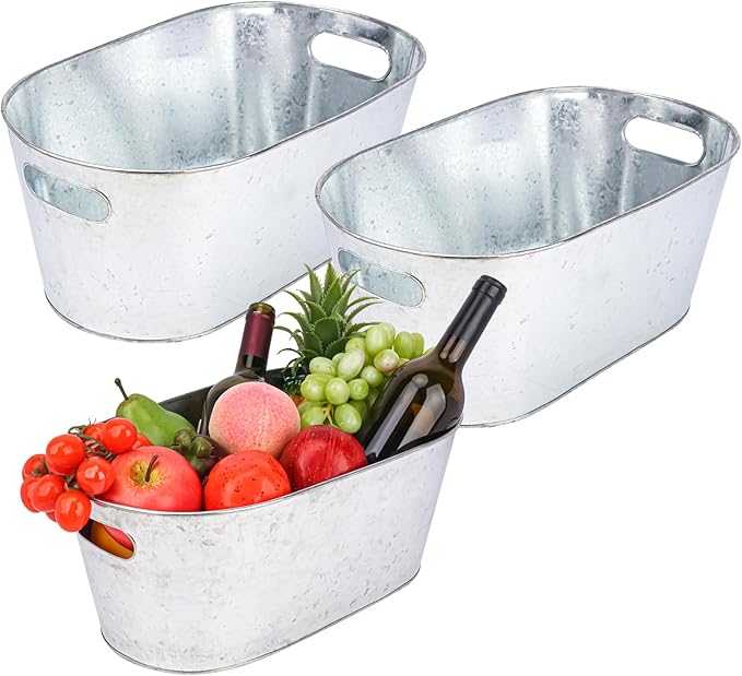 Biugaaufai 3 Pack 4 Gallon Beer Beverage Bucket, Metal Ice Bucket with Carry Handle, Large Galvanized Tub, Drink Holder fo...