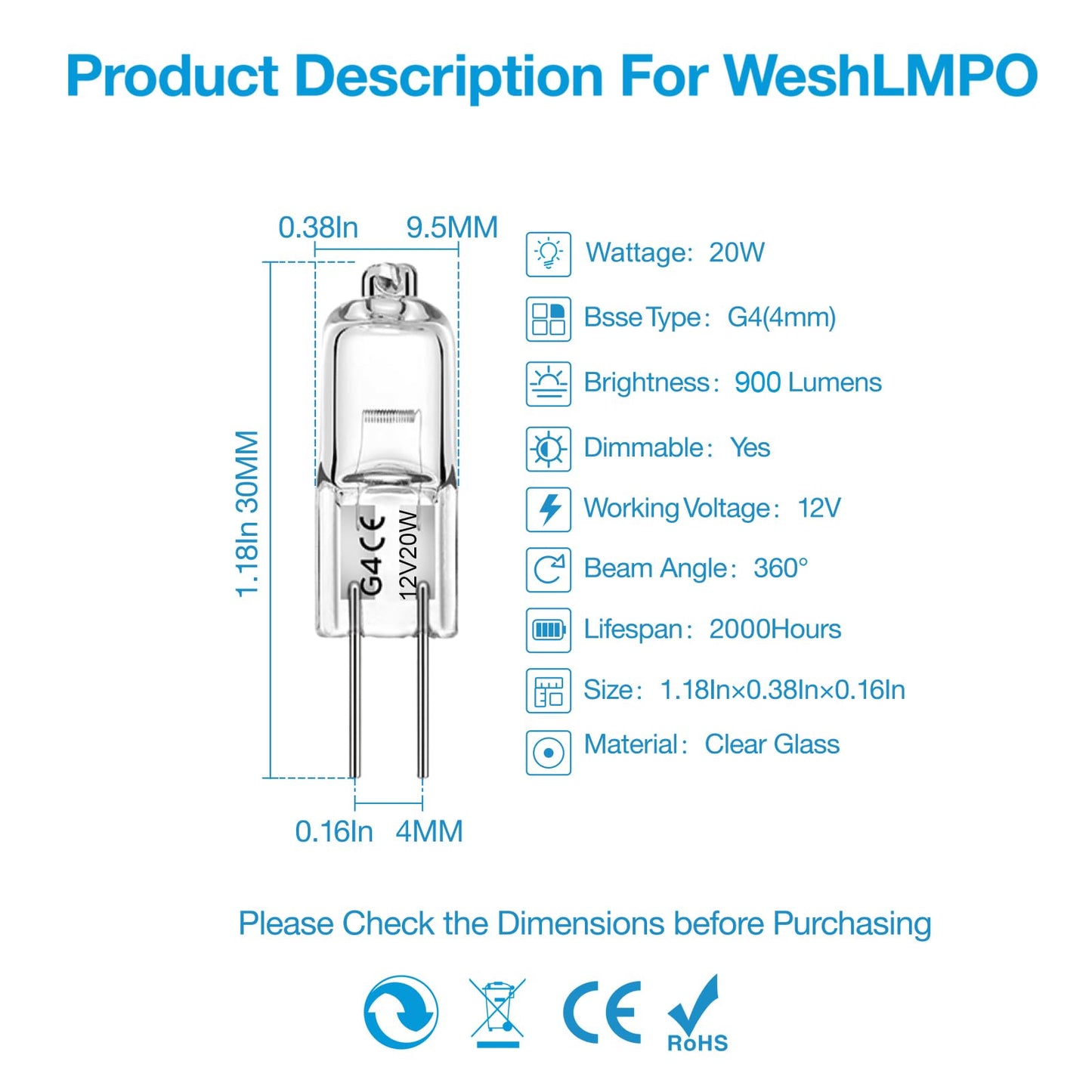 WeshLMPO G4 Halogen Light Bulbs, 12V 20W, Glass, White, 12 Count (Pack of 1)