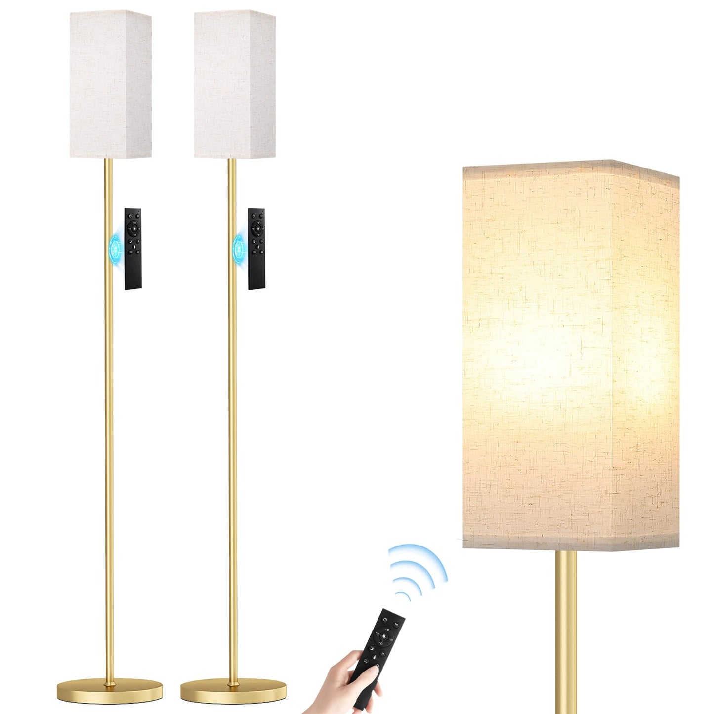 Ambimall Remote Control Floor Lamp, 64in Tall, Stepless Dimmable, Metal, Light Beige & Gold, Includes 9W Bulb, 2 Packs