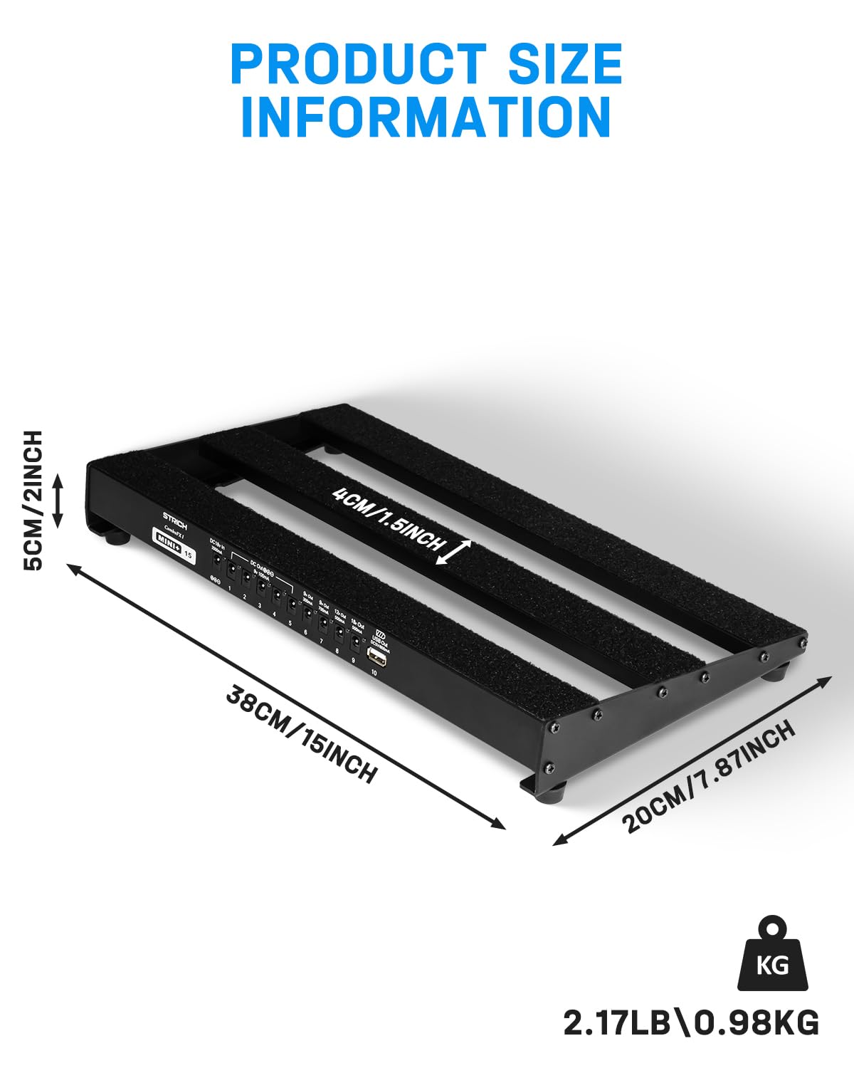 STRICH Guitar Pedal Board PB-MP15 - Lightweight Aluminum 15"x7.8" with Built-in Power Supply, Pedal Cables, Bag, & Hook Loop Strips