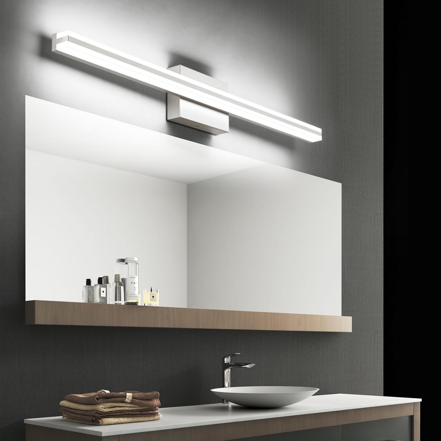 Solfart 40 Inch Modern Led Bathroom Vanity Light - Dimmable Stainless Steel Over Mirror Fixture, Silver Finish, Model 8B07B29F