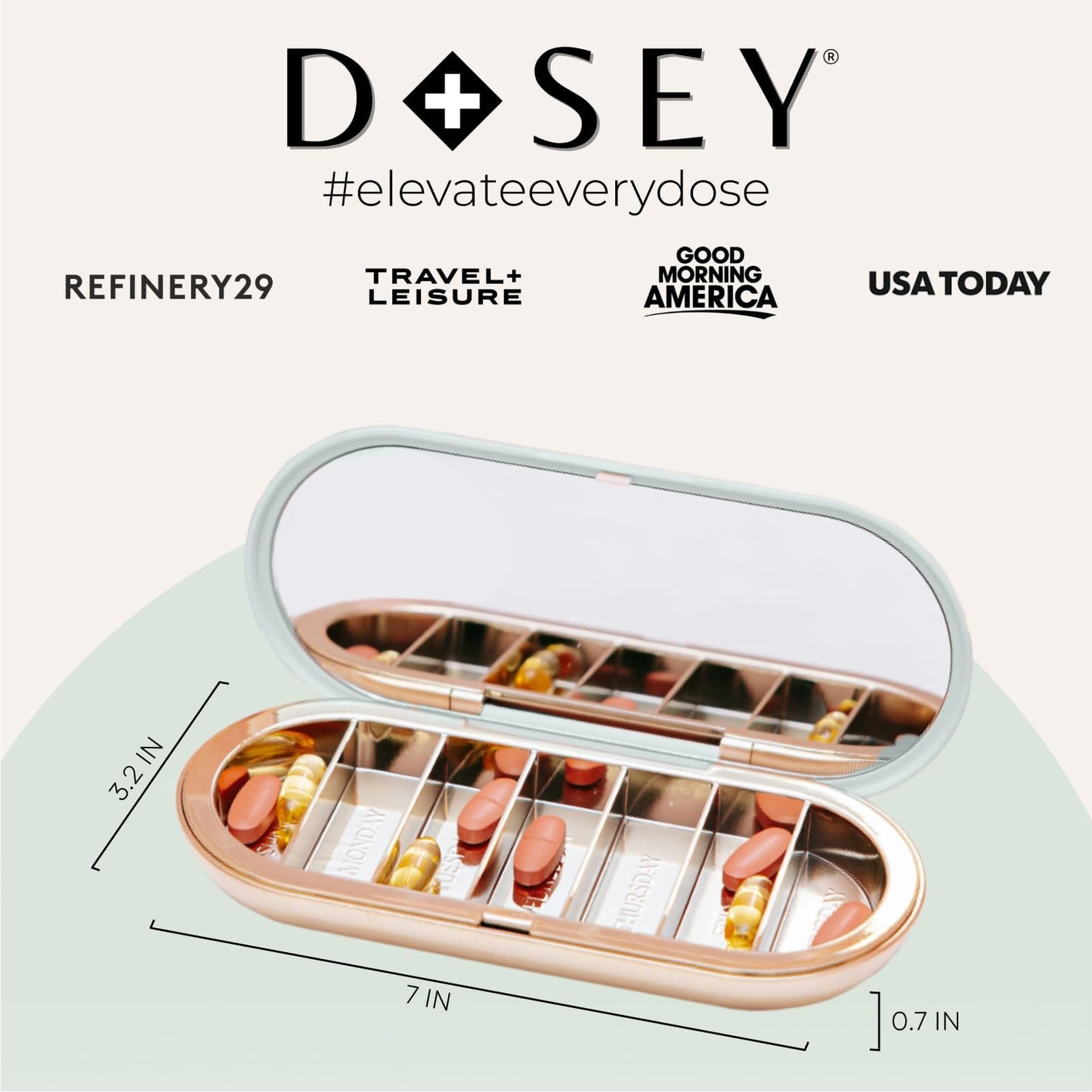 Dosey 7 Day Pill Compact Travel Pill Organizer - Pill Case with 7 Pill Compartments for Medicine Storage & Protection – Stylish & Elegant Medication Organizer with Mirror, Sage