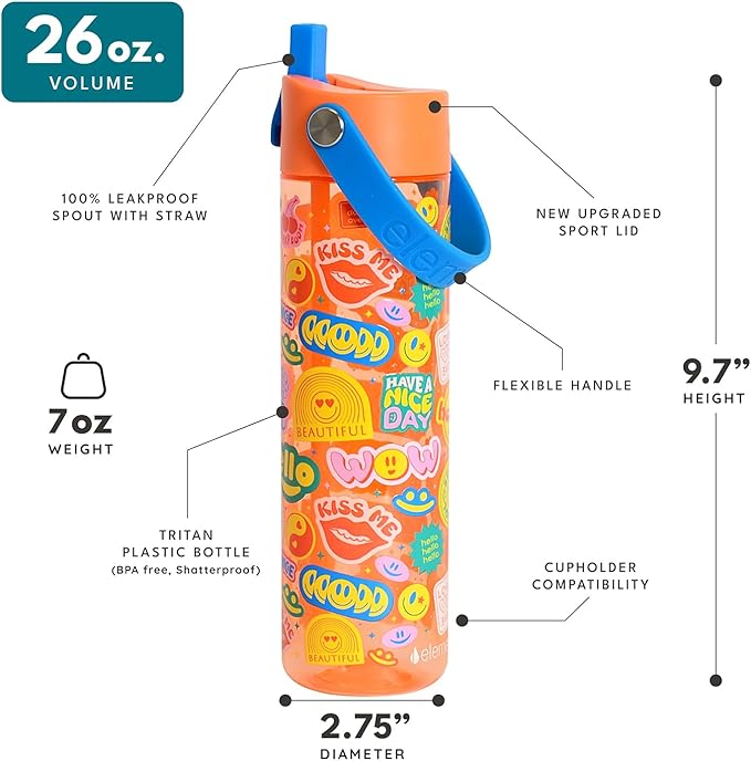 Elemental Splash Water Bottle with Straw - BPA-Free Tritan Plastic Reusable Water Bottle with Strap - Ideal for Travel, Gym and Sports - Leak Proof when Spout is Closed - 26oz - Good Vibes