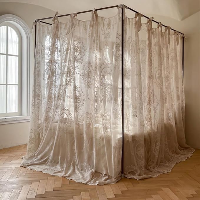Elegant Lace Princess 4 Corner Post Mosquito Net Romantic for Girls Women Bed Curtain Canopy for Adult Wedding Bedroom Kids Rooms Decoration (Color-C, California King)