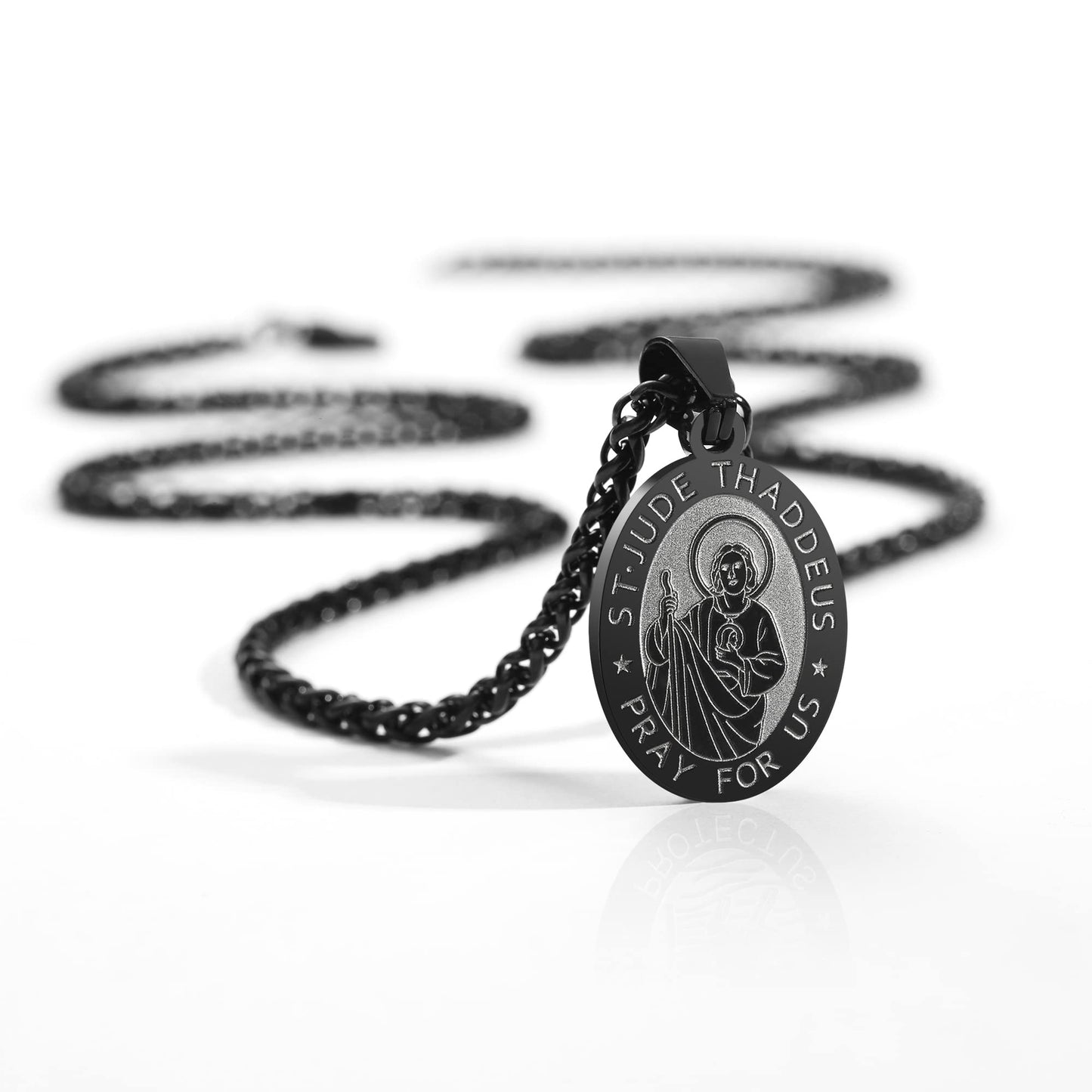 Zocomi Black Saint St Jude Thaddeus Medal Necklace for Men Boys, St. Jude Pendant Chain Jewelry Catholic Christian Religious Bap