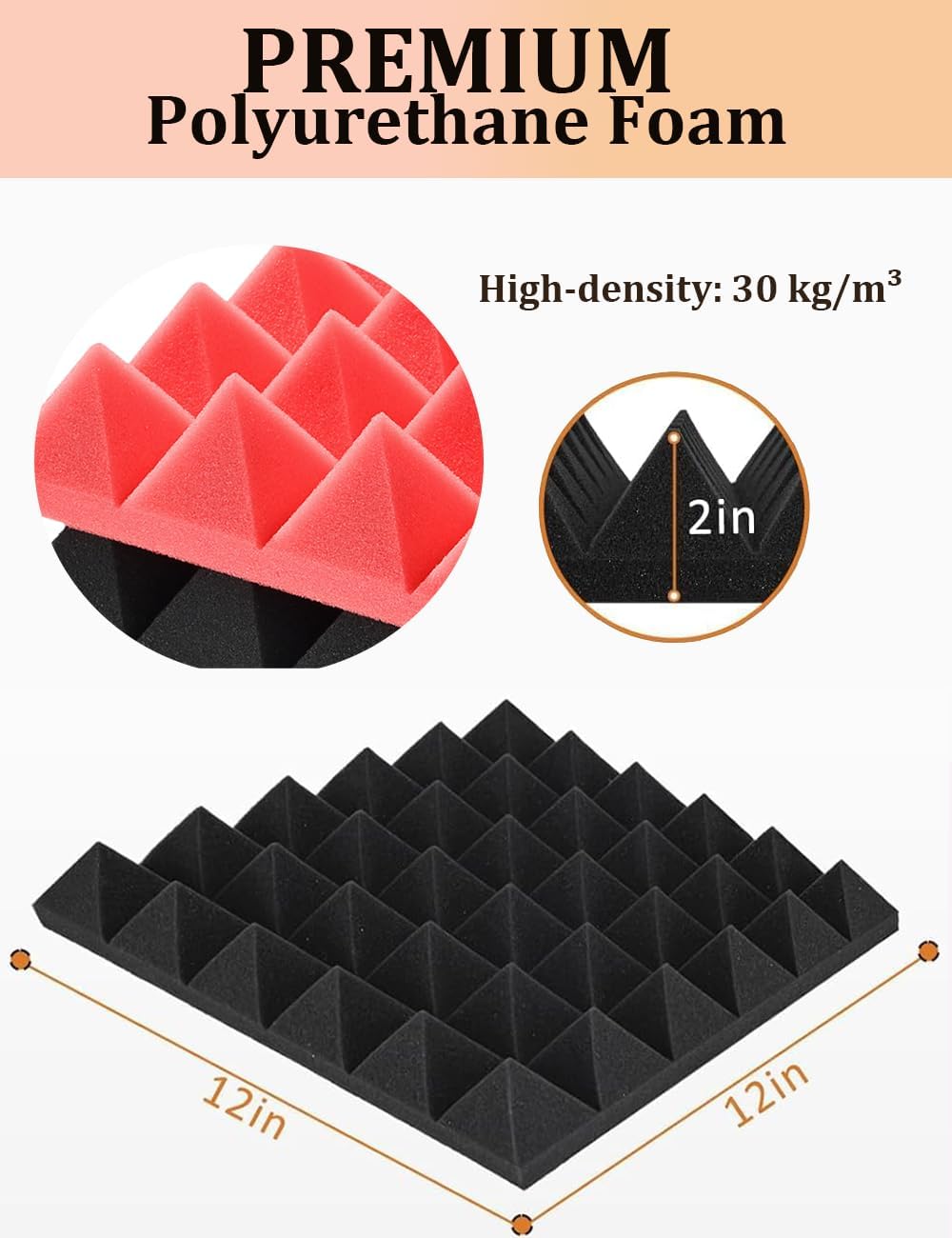 Acoustic Foams Panels 24 Pack 2" x 12"x 12" Sound Proof Foam Panels for Walls High Density and Fire Resistant Soundproofing Panels Soundproof Studio Pyramid Sound Dampening Panels Black Red