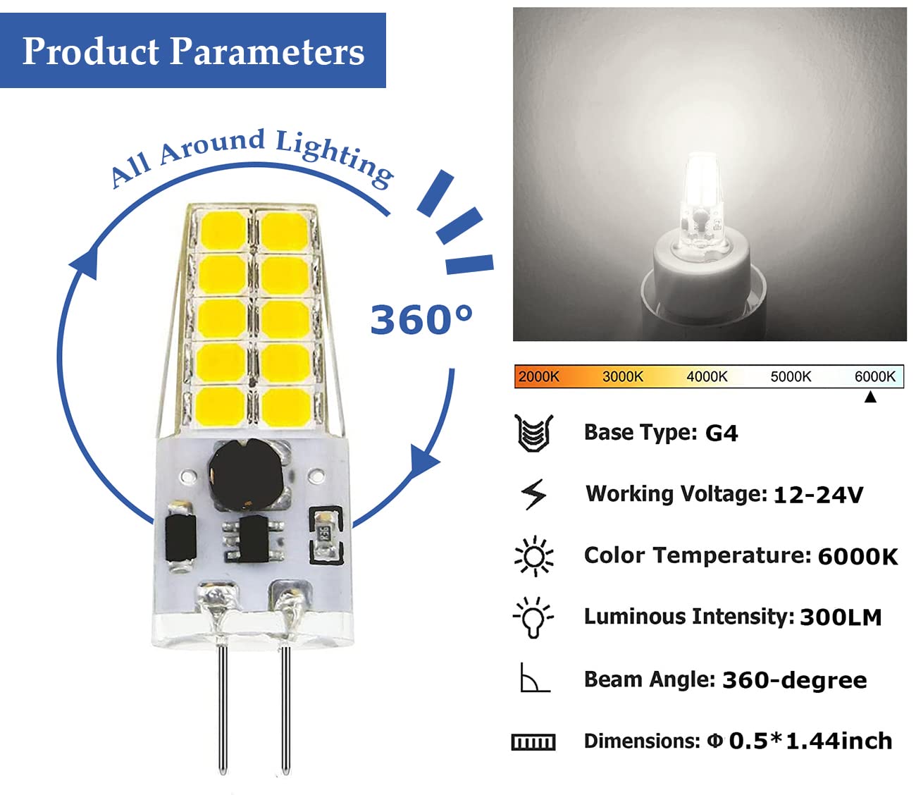 Greeogin G4 Dimmable Led Bulb 12V 24V Jc Tybe  20-30W T3 G4 Halogen Equivalent 6000K Daylight 300Lm  Chandelier Lighting/Landscape Lighting/Microwave Lighting 10Pcs