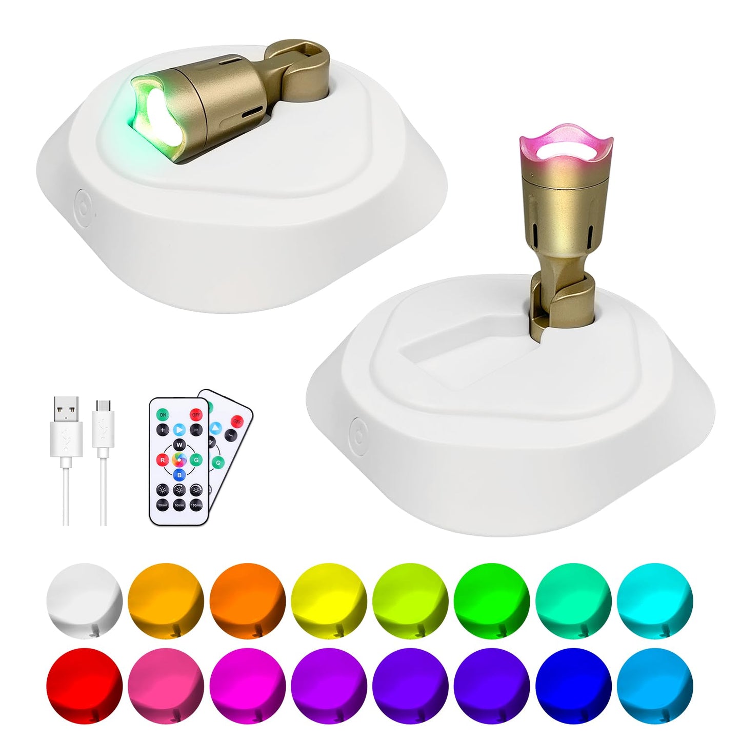 LEASTYLE LED Wireless Spotlights, RGBW Rechargeable Up Lights, 16 Color Options, Dimmable Accent Light, White+Gold, 2 Pack