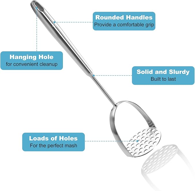 Potato Masher Stainless Steel - Mashed Potato Masher Kitchen Utensil，14" Potato Smasher For Potatoes, Bean, Vegetable & Fruits，Pet Food, Metal Avocados Smasher Tool, Dishwasher Safe, Christmas gifts