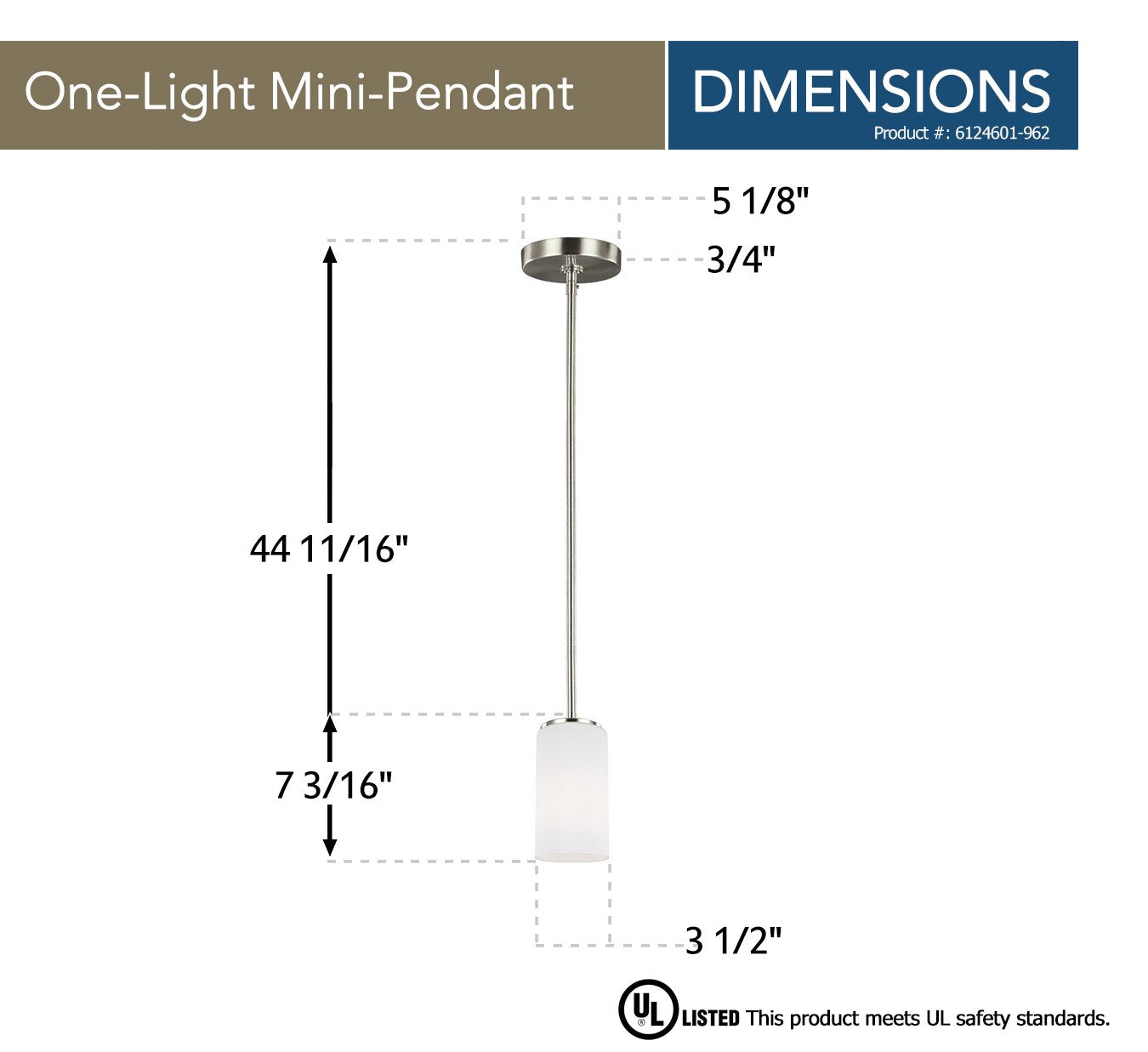 Sea Gull Lighting Alturas Mini-Pendant Fixture, One-Light, Brushed Nickel, Model 6124601-962, Alloy Steel