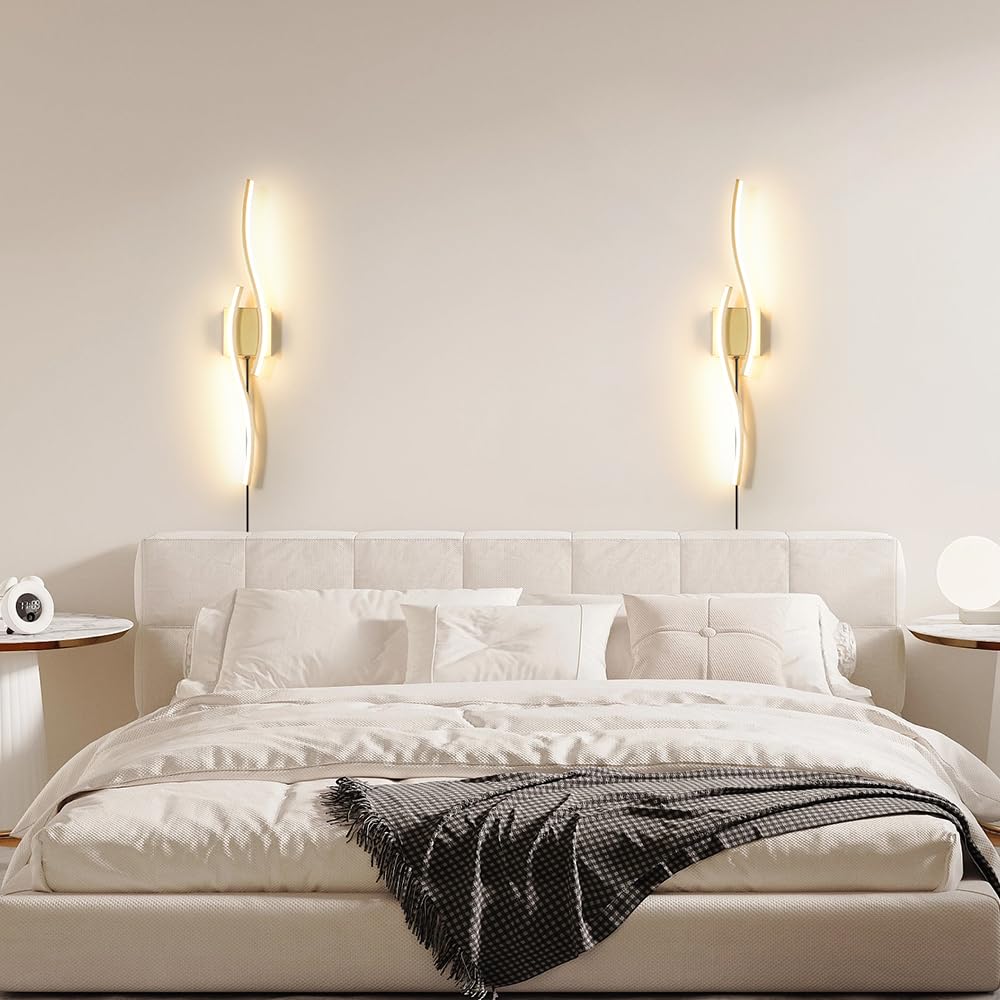 Daunton Modern Gold Plug in Wall Sconce Set of 2, Indoor Dimmable Light Fixture with Plug in Cord for Living Room, LED Sconces Lighting with Remote Control, Wall Lighting Decor for Hallway Bedroom