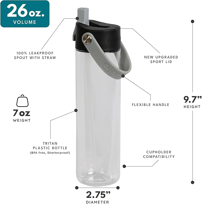Elemental Splash Water Bottles - BPA-Free Tritan Plastic Reusable Water Bottle with Strap - Ideal for Gym and Sports Leak Proof when Spout is Closed - Midnight Clear - 26oz (2 Pack)