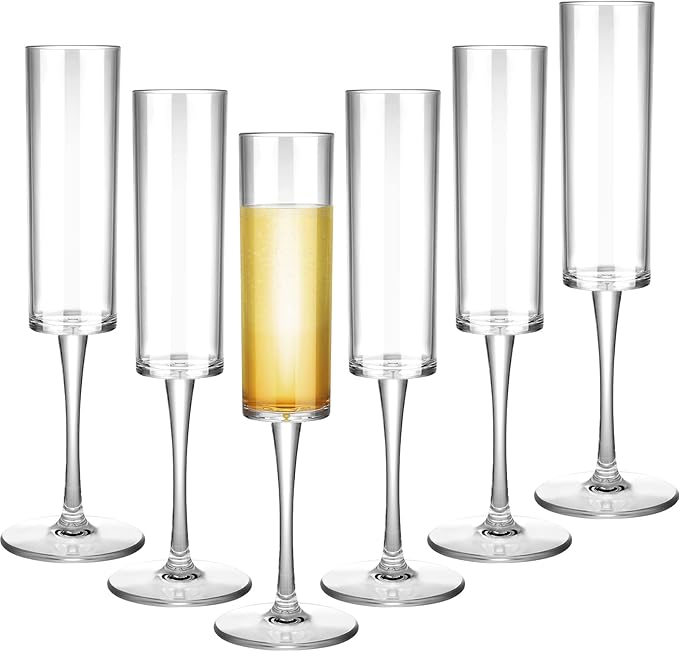 Lauwell Set of 6 Plastic Acrylic Crystal Champagne Glasses Flutes Hand Blown Champagne Goblets Classic Wine Stemware for W...