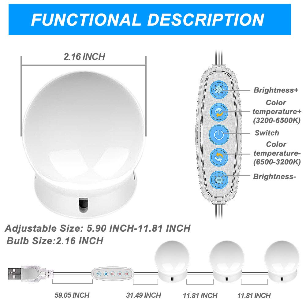 SICCOO Vanity Mirror Lights, 10 Dimmable LED Bulbs, USB Cable, Hollywood Style, Warm Cold, White, Model CW-10