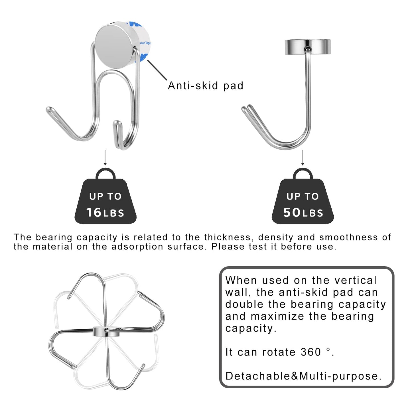 Buelkmag Magnetic Hooks 50Lbs+ 2026 Cruise Essentials Magnet Hook Heavy Duty Magnets Swivel Hanging Hooks for Refrigerator Grill Toolbox Cabins Outdoor 4 Pack（Silver）