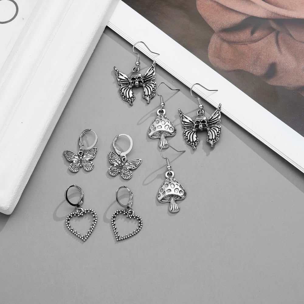 Halloween Gothic Earrings Set, Metal Punk Goth Vintage Silver Snake Spider Butterfly Dagger Dangle Drop Earrings for Women, Grunge Y2K Emo Jewelry Pack Party Costume Accessories (Style1)