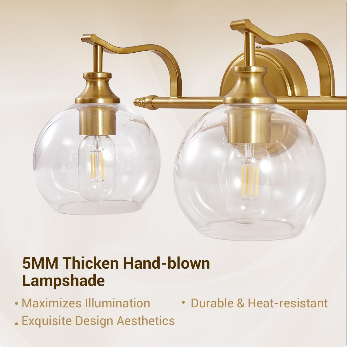 Andy Star 2 Light Bathroom Vanity Light  Brushed Gold Bathroom Light Fixtures  Wall Lighting With Clear Globe Glass Shades  Brass Wall Sconce For Living Room  Bedroom  Hallway