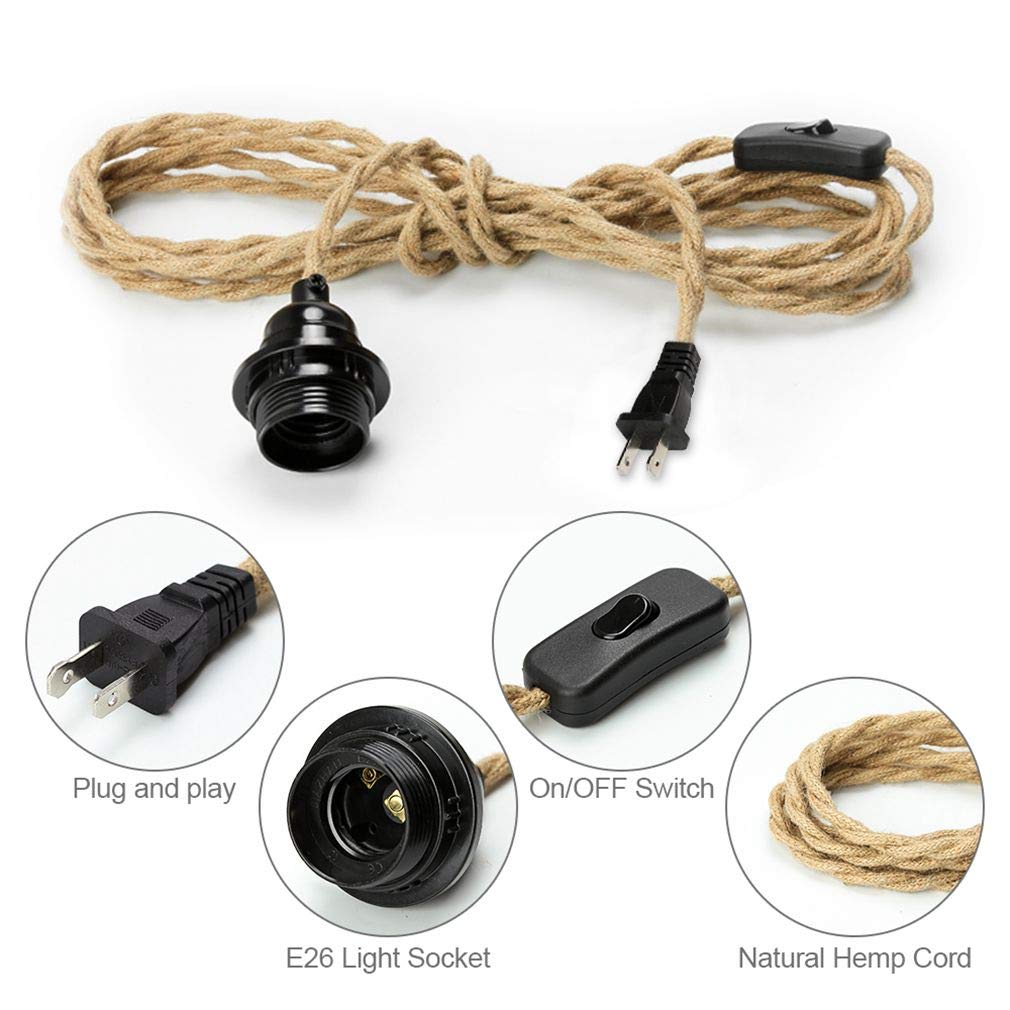FRIDEKO HOME Industrial Pendant Light Kit, 15ft Twisted Hemp Rope, E26/E27 Socket, Vintage Fabric, Hemp Rope Brown, 1 Pack