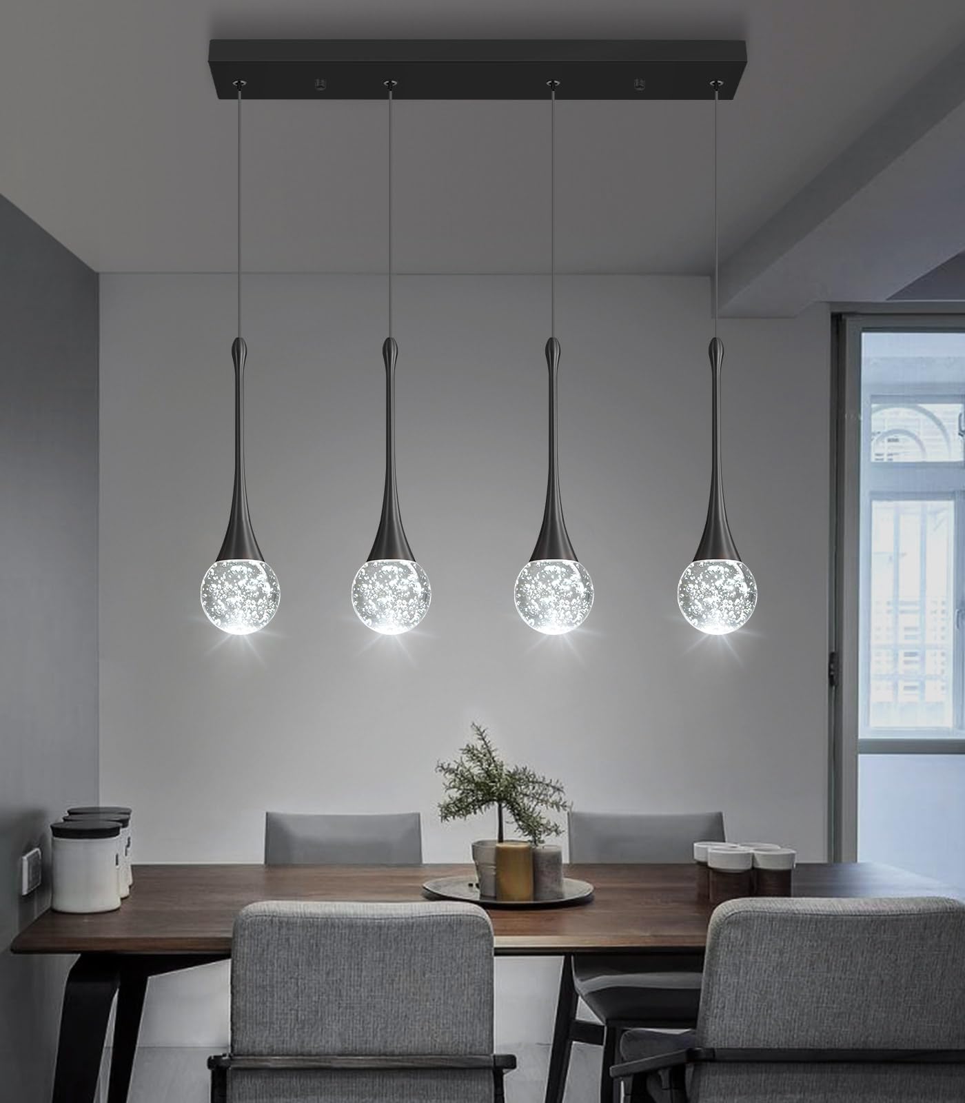 4-Lights Modern Pendant Lights For Kitchen Island Led Dimmable Crystal Glam Ceiling Pendant Lighting Chandelier For Dining Room Hallway Bedroom Black