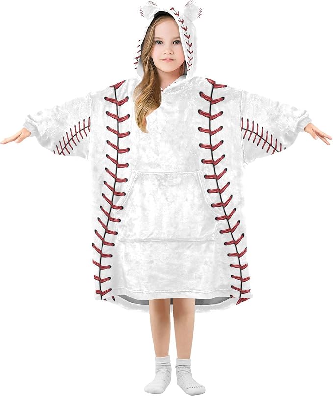 YETTASBIN Baseball Seams Wearable Blanket Hoodie for Kids, Oversized Soft Cozy Flannel Sweatshirt Blanket with Pocket