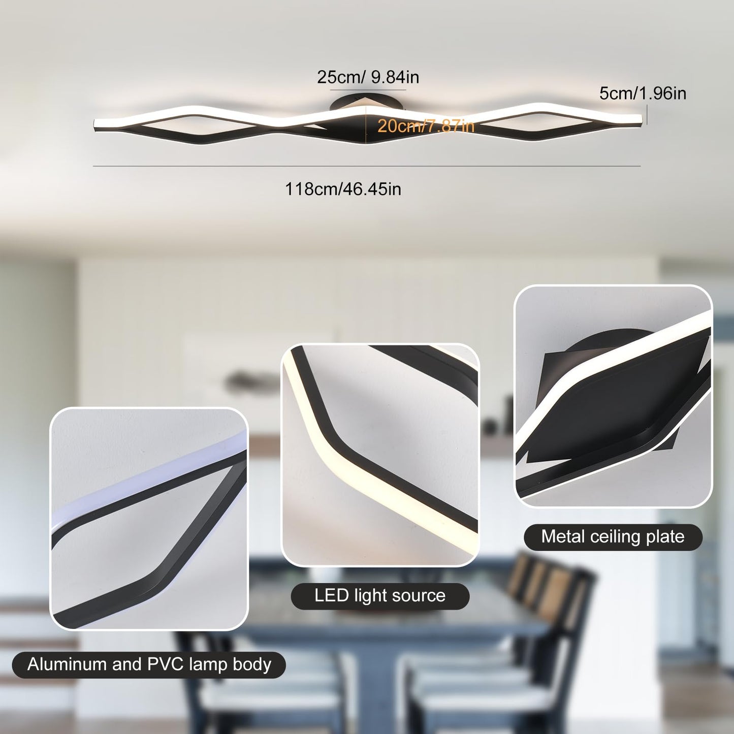 Qcyuui Dimmable Led Ceiling Lights 46.4 Kitchen Lighting Fixtures Ceiling Black Flush Mount Ceiling Light With Remote Linear Ceiling Light For Kitchen Bedroom Dining Room Hallway 24W