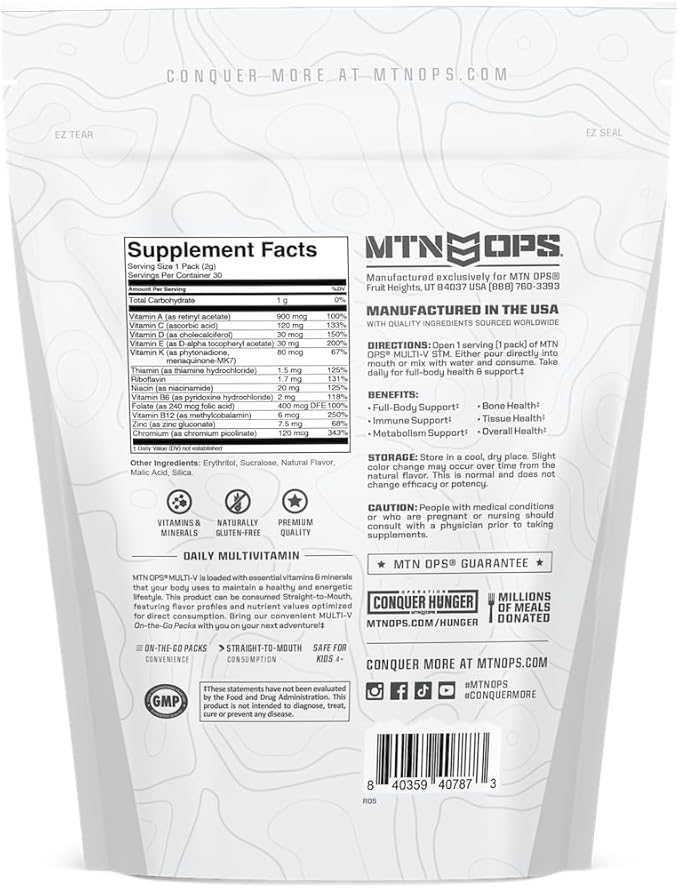 MTN OPS Multi-V, Daily Multivitamin for Women & Men with Immune Support, Safe for Kids, Gluten Free STM Packs, Variety of Flavors, 30 Servings