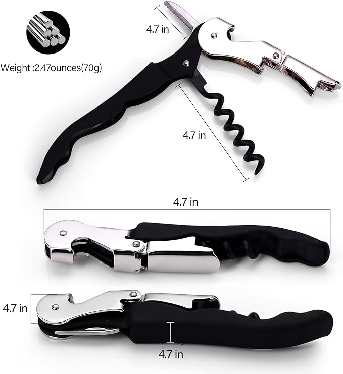 Soft Velvet Touch Waiters Double Hinge Corkscrew Wine Key Bottle Opener，Heavy Duty Waiter Corkscrew, Foil cutter and Bottle Opener,2-pack (2, Black)