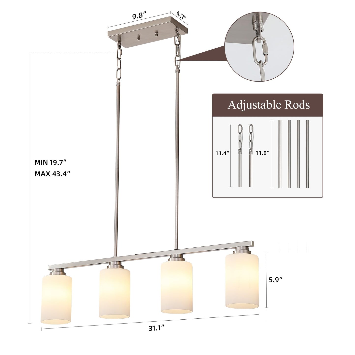 Mecgirn Island Light For Kitchen  Brushed Nickel Dining Room Light Fixture Over Table With Milk Glass Shade  4-Light Linear Chandelier Pendant Lighting For Dining Table Kitchen Island Living Room