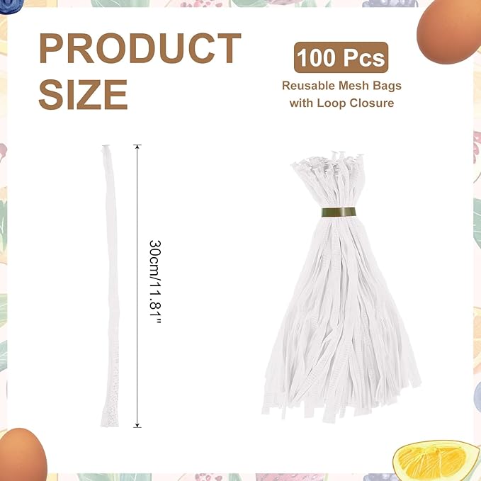 uxcell 100Pcs Reusable Produce Mesh Bags, 30cm Mesh Nylon Netting with Loop-Style Closures, Stretchable Egg Hatching Bags for Fruit Vegetable Storage, White